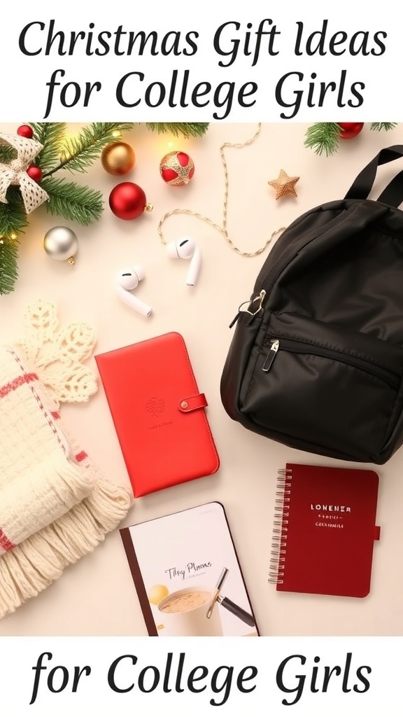 Christmas Wishlist Ideas for College Girls A flat lay of Christmas gifts for college girls featuring a backpack, earbuds, blanket, planner, and holiday decorations.